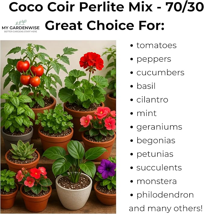 Coco Perlite - Coco Coir Perlite Mix - 70/30 Growing Media - Hydroponic, Indoor &amp; Outdoor, Grow Bags &amp; House Plants (5 quarts)