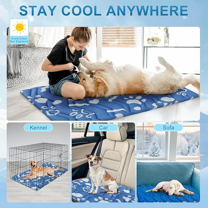 BEAUTYZOO Dog Cooling Mat- Upgraded Thicken Cooling Mat for Large Dogs Reversible(Cool &amp; Warm) Pet Ice Cool Bed Washable &amp; Portable, Summer Crate Pad for Big Dog Puppy Up to 44 lbs, Paw Blue 36X23IN
