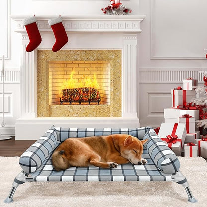 Elevated Raised Dog Bed Cot - Cooling Raised Dog Beds with Bolster Portable Washable Pet Cot Bed with Metal Frame Dogs Hammock Bed for Indoor &amp; Outdoor