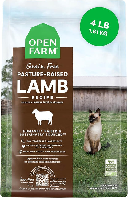 Open Farm, Grain Free Dry Cat Food, High-Protein Kibble for a Complete &amp; Balanced Diet, Non-GMO Fruits &amp; Vegetables, Prebiotic Fibers to Support Digestion, Pasture-Raised Lamb Recipe, 4lb Bag