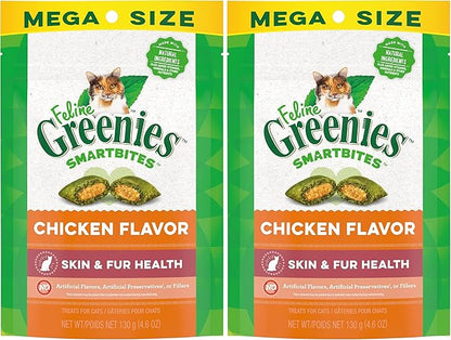 Greenies Feline Smartbites Skin &amp; Fur Crunchy and Soft Natural Cat Treats, Chicken Flavor, 4.6 oz. Pack (Pack of 2)