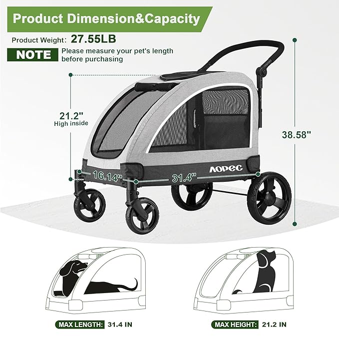 Large Dog Stroller - Dual Entry Safety Folding Pet Stroller with Adjustable Handle, All-Terrain 4-Wheel, 160 lbs Weight Capacity for Travel &amp; Outdoor Adventures - Gray