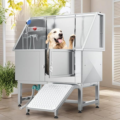 YITAHOME Dog Grooming Bathtub, Professional Stainless Steel 304 Dog Bathing Station w/Right Ramp, Faucet, Floor Grate, 50in Pet Washing Station for Large, Medium, Small Pets