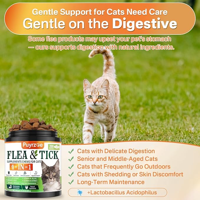 4-in-1 Flea Treatment for Cats Chewable, Natural Cat Flea and Tick Prevention Chewable Supplement for Skin &amp; Coat | Immunity Support | Digestive | Flea &amp; Tick Treatment for All Breeds &amp; Sizes