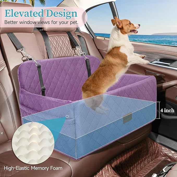 Dog Car Seat for Medium/Large Dogs, Pet Booster Seat for Under 55 lbs or 2 Small Dogs, Detachable &amp; Washable Dog Car Bed for Backseat with 2 Safety Leashes (Purple)