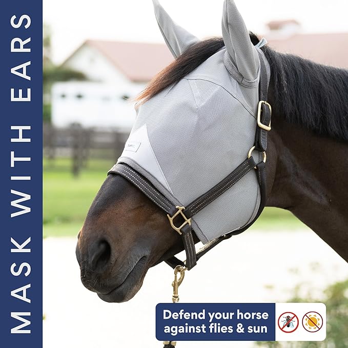 Horse Fly Mask with Ears | Built-in Visor | Breathable, Lightweight Mask | 95% UV Eye Protection | Adjustable Fit for Comfort Horse Medium/Large Size