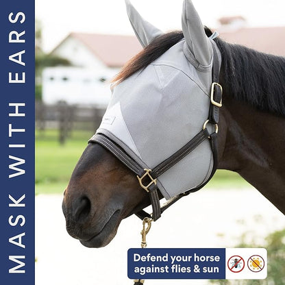 Horse Fly Mask with Ears | Built-in Visor | Breathable, Lightweight Mask | 95% UV Eye Protection | Adjustable Fit for Comfort Horse Medium/Large Size