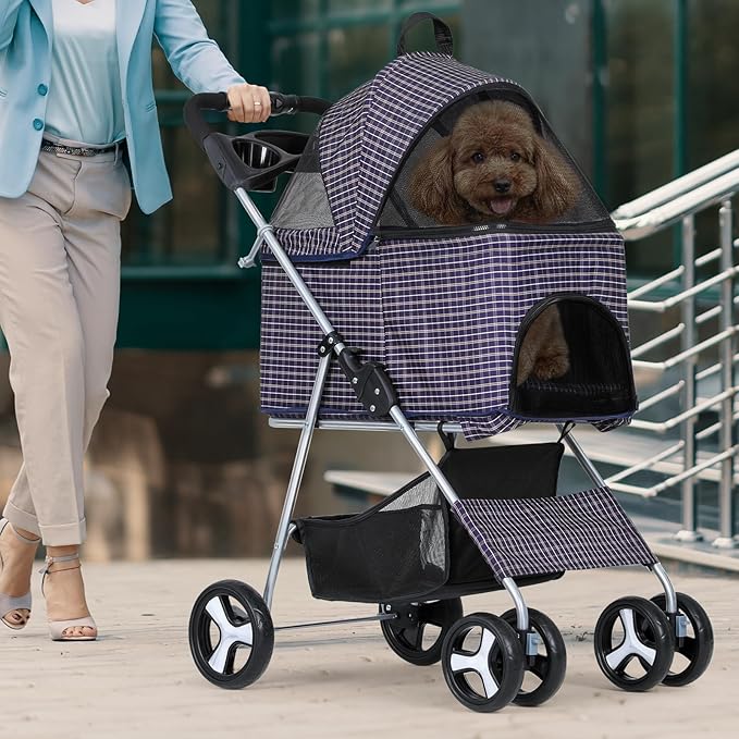 Magshion Foldable Pet Stroller, 3-in-1 Dog Travel Jogger with Detachable Carrier, Cup Holder, Storage Basket, Folding Carrier for Small/Medium Dogs &amp; Cats Up to 33 lbs, Plaid