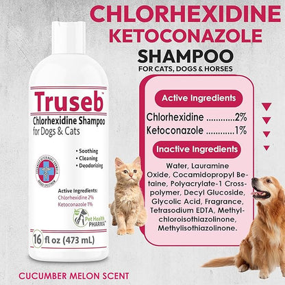 Truseb Topical Ketoconazole and Chlorhexidine Shampoo for Dogs, Cats &amp; Horses with Aloe Vera and Conditioner(USA) (Ketoconazole &amp; Chlorhexidine Shampoo, 16 oz)