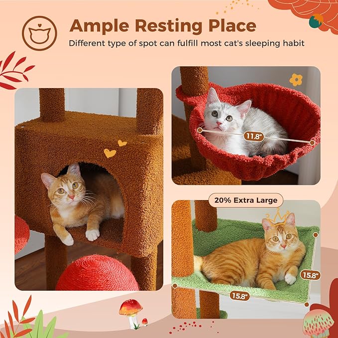 PEQULTI Mushroom Cat Tree Floor to Ceiling Cat Tower Adjustable Height (90.5&