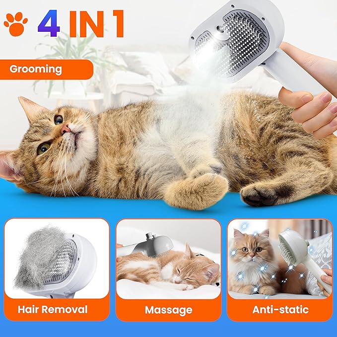 Pet Steam Brush For Cat &amp; Dog - Pets Spray Hair Removal Comb - Cats Indoor Shedding &amp; Grooming Mist Tool - Water Steamer Brushes for Long &amp; Short Haired Dogs - Spritz Defur Comb (White Pro)