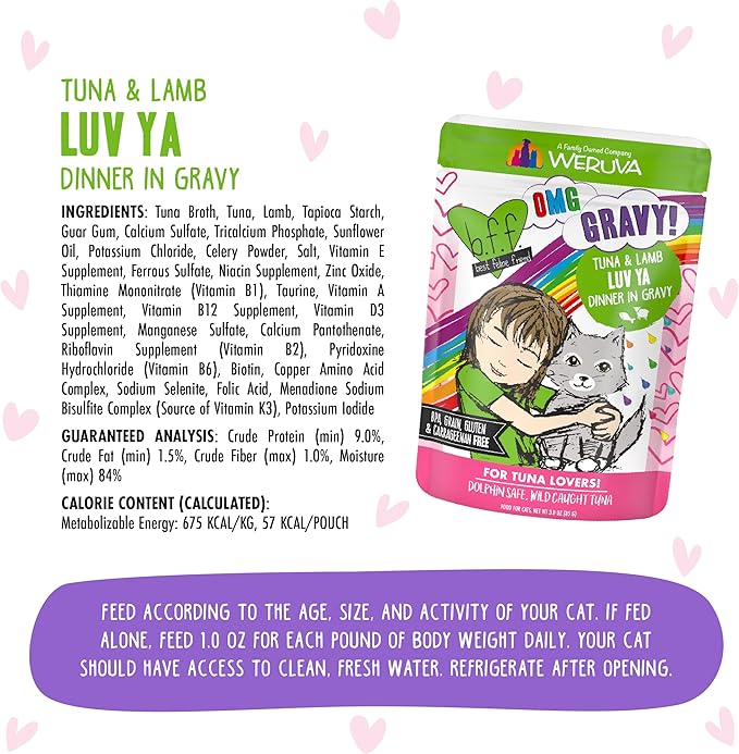 Weruva B.F.F. OMG - Best Feline Friend Oh My Gravy!, Tuna &amp; Lamb Luv Ya with Tuna &amp; Lamb in Gravy Cat Food, 3oz Pouch (Pack of 12)