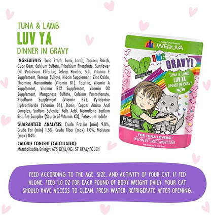 Weruva B.F.F. OMG - Best Feline Friend Oh My Gravy!, Tuna &amp; Lamb Luv Ya with Tuna &amp; Lamb in Gravy Cat Food, 3oz Pouch (Pack of 12)