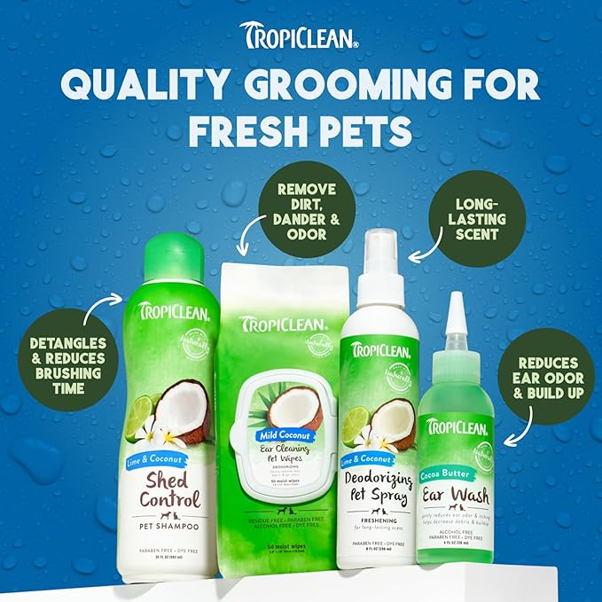 TropiClean Dog Perfume, Long Lasting Lime &amp; Coconut Cologne, Deodorizing Spray for Smelly Dogs, After Bath Detangling Spray with Vitamin E, Safe for Cats, 8oz.