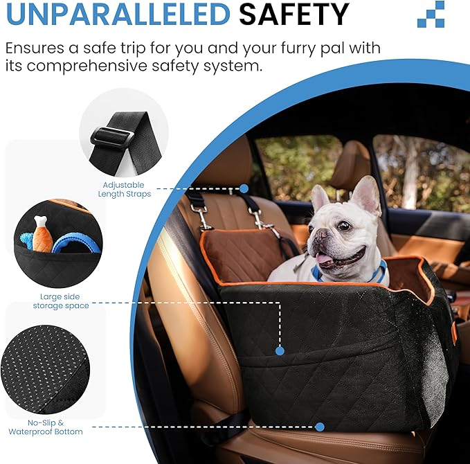 Dog Car Seat for Small Dogs - Puppy Car Seat with Safety Strap &amp; Waterproof Padding, Portable Pet Carrier for Cars, Trucks &amp; SUVs, Comfortable Elevated Bed for Pets Up to 35lbs (Black/Coffee)