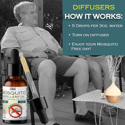 W4W Mosquito Oil - 100% Essential Oil Blend - 4 Oz - Mosquitoes, Gnats &amp; other Flying Insects - for use with Diffusers, Sprays, Lotions, &amp; Soaps - 4 Ounce Dropper Bottle