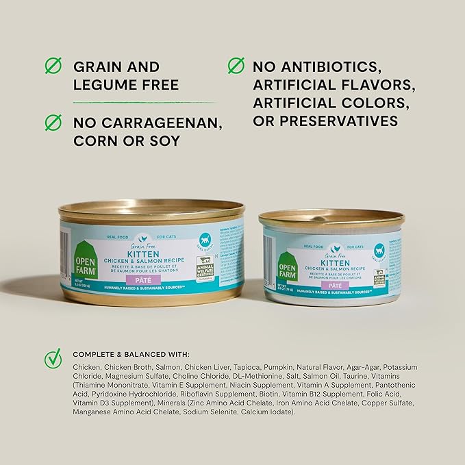 Open Farm Canned Kitten Food, Paté for Complete &amp; Balanced Nutrition, Grain-Free and Legume-Free Wet Kitten Food, Chicken &amp; Salmon Recipe, 2.8oz Cans (Case of 18)
