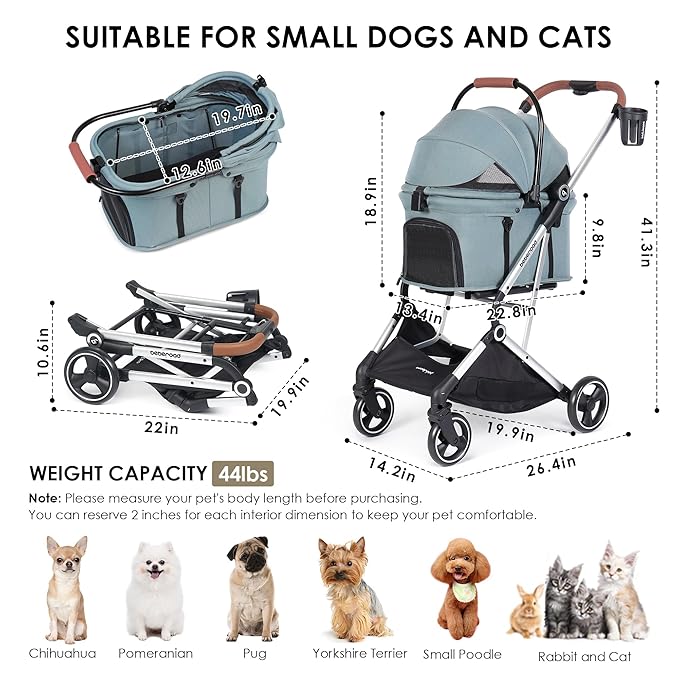 T3 Pro 3-in-1 Small Pet Stroller for Dog &amp; Cats, 4 Wheels with Detachable Carrier with Pad, Canopy and Cup Holder, Green
