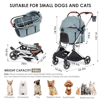 T3 Pro 3-in-1 Small Pet Stroller for Dog &amp; Cats, 4 Wheels with Detachable Carrier with Pad, Canopy and Cup Holder, Green