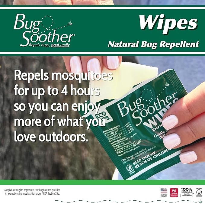 Bug Soother Wipes (100 ct) - Natural Insect, Gnat and Mosquito Repellent &amp; Deterrent - 100% DEET-Free Safe Bug Wipes for Adults, Kids, &amp; Pets - Made in USA