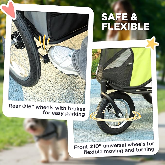 PawHut Dog Stroller, Pet Stroller 3 Wheels with Easy One-Hand Fold, Rubber Wheels, Storage Bag, Soft Cushion, Safety Leash, for Small &amp; Medium Dogs, Yellowish Green