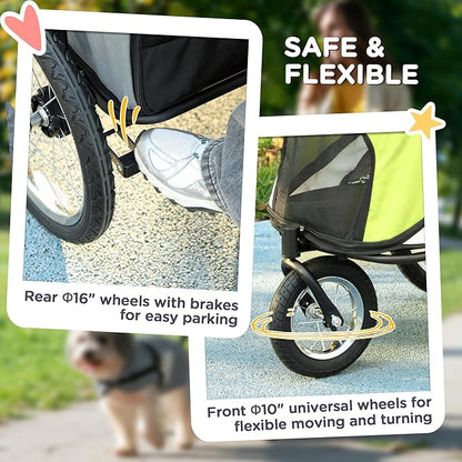 PawHut Dog Stroller, Pet Stroller 3 Wheels with Easy One-Hand Fold, Rubber Wheels, Storage Bag, Soft Cushion, Safety Leash, for Small &amp; Medium Dogs, Yellowish Green