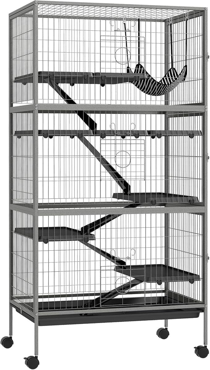 PawHut 63" 6-Tier Small Animal Cage, Ferret Cage, Large Chinchilla Cage with Hammock Accessory &amp; Heavy-Duty Steel Wire, Small Animal Habitat with 6 Doors, Removable Tray, Gray