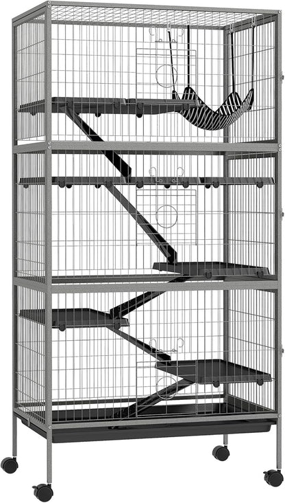 PawHut 63" 6-Tier Small Animal Cage, Ferret Cage, Large Chinchilla Cage with Hammock Accessory &amp; Heavy-Duty Steel Wire, Small Animal Habitat with 6 Doors, Removable Tray, Gray