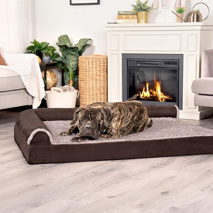 Furhaven Cooling Gel Dog Bed for Large Dogs w/ Removable Bolsters &amp; Washable Cover, For Dogs Up to 125 lbs - Two-Tone Plush Faux Fur &amp; Suede L Shaped Chaise - Espresso, Jumbo Plus/XXL