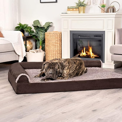 Furhaven Cooling Gel Dog Bed for Large Dogs w/ Removable Bolsters &amp; Washable Cover, For Dogs Up to 125 lbs - Two-Tone Plush Faux Fur &amp; Suede L Shaped Chaise - Espresso, Jumbo Plus/XXL