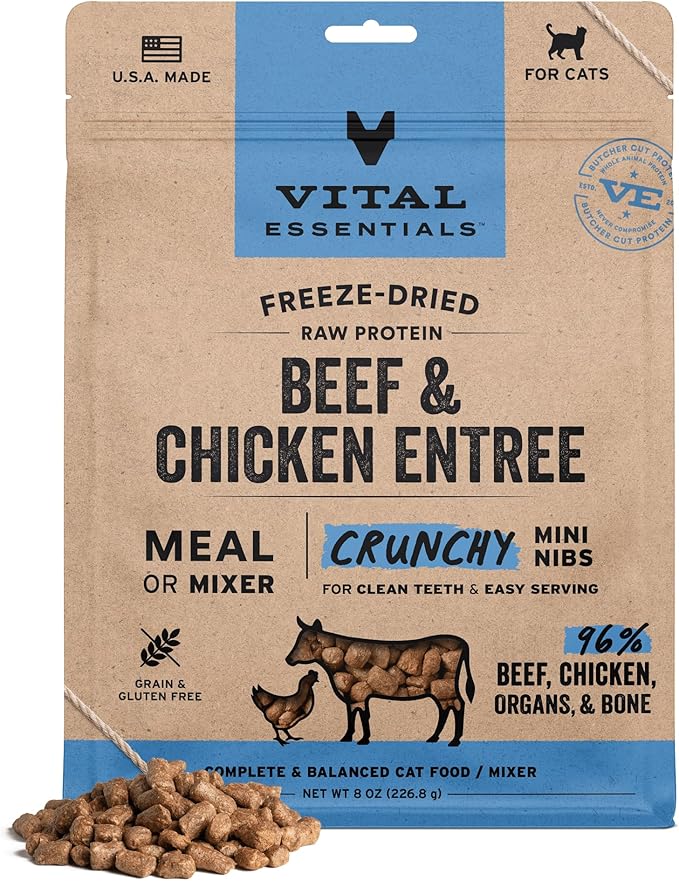 Vital Essentials Freeze-Dried Raw Beef &amp; Chicken Meal or Mixer Cat Food Crunchy Nibs, 8 oz