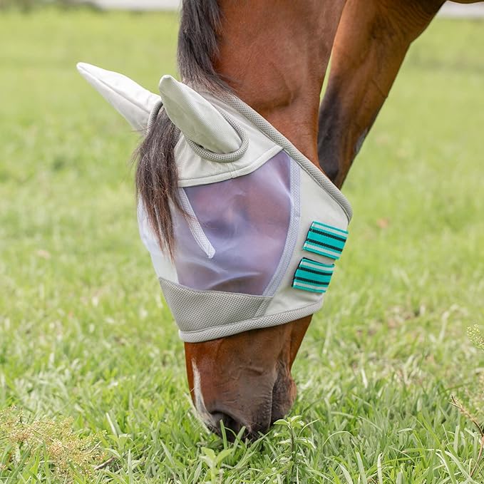 Equinavia Algard Soft Mesh Horse Fly Mask with Ear Protection and 45 UPF Rating | No Eye Irritation &amp; UV Protection - Silver/Turquoise - Pony