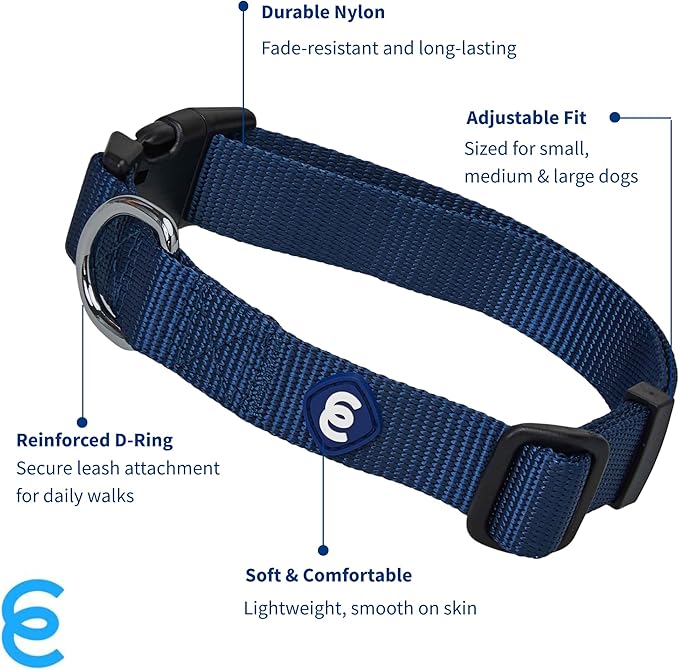 Blueberry Pet Essentials Medium Dog Collar in True Navy | Adjustable &amp; Eco-Friendly Durable Nylon Strap | Classic Collar for Medium Dogs, Boy &amp; Girl Pets