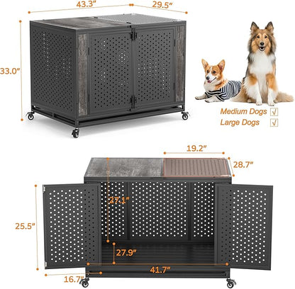 42" Heavy Duty Dog Crate Furniture for Medium and Large Dogs, Enclosed Design with 0.5 inch Holes, Indestructible Metal Kennel for High Anxiety Dogs, Chew Proof Indoor Pet House Cage, Gray