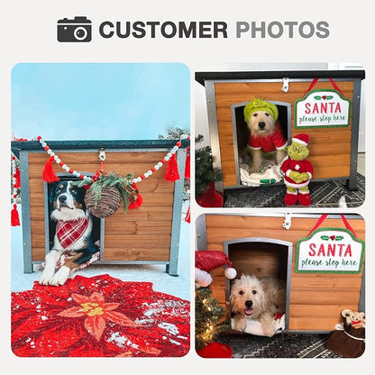 Wooden Dog House Outdoor with Iron Frame, Weatherproof Dog Kennel with Removable Floor, Anti Bite Puppy Shelter with Openable Roof (Brown, 33.5&