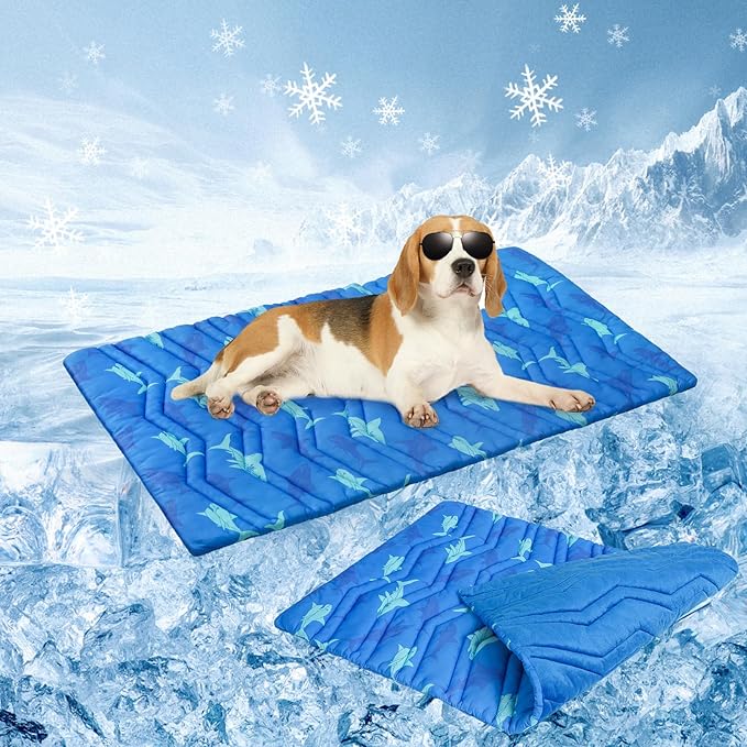 BEAUTYZOO Dog Cooling Mat- Upgraded Thicken Cooling Mat for Large Dogs Reversible(Cool &amp; Warm) Pet Ice Cool Bed Washable &amp; Portable, Summer Crate Pad for Big Dog Puppy Up to 44 lbs, Shark Blue 36X23IN
