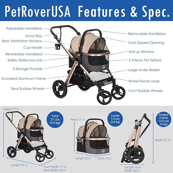 HPZ Pet Rover Prime 3-in-1 Luxury Dog/Cat Stroller (Travel Carrier +Car Seat +Stroller) with Detach Carrier/Pump-Free Rubber Tires/Aluminum Frame/Reversible Handle for Medium &amp; Small Pets (Taupe)