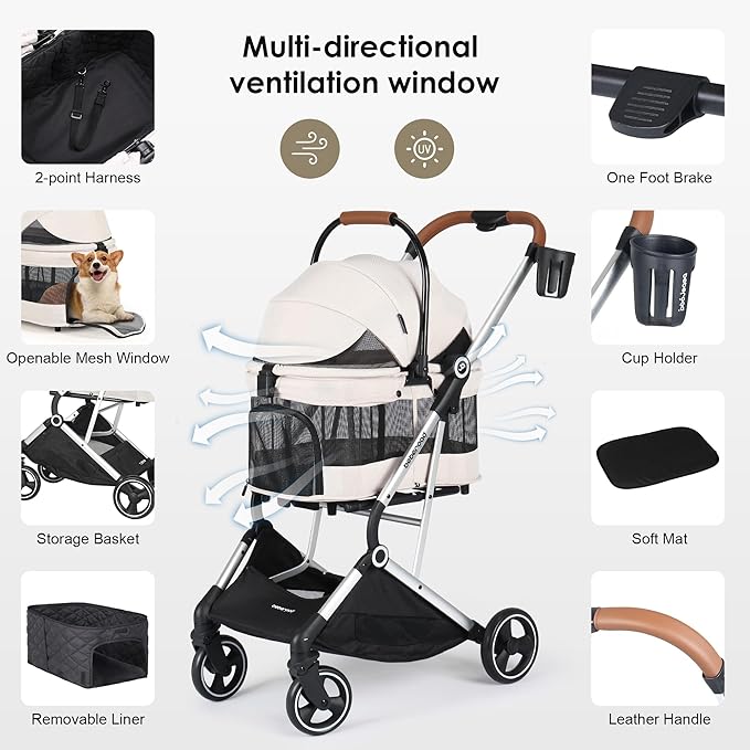 T3 Pro 3-in-1 Small Pet Stroller for Dog &amp; Cats, 4 Wheels with Detachable Carrier with Pad, Canopy and Cup Holder, Beige &amp; Net Wall