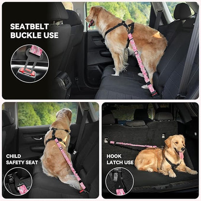 Pawaboo Dog Seatbelt for Car, 3-in-1 Dog Seat Belt Bungee, Shockproof Dogs Tether with Buckle &amp; Hook Latch, Adjustable Reflective Dogs Cars Harness Leash with 360° Lockable Buckle, Pink Camouflage
