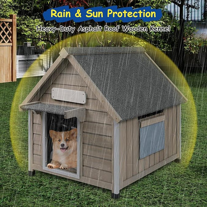 Outdoor Dog House Waterproof for Medium Small Dogs with Anti-Chewing Iron Frame, Adjustable Vent Window, Indoor &amp; Outdoor Doghouse Kennel Puppy Shelter, Easy Clean and Assemble (26" L*31.9" W*32" H)