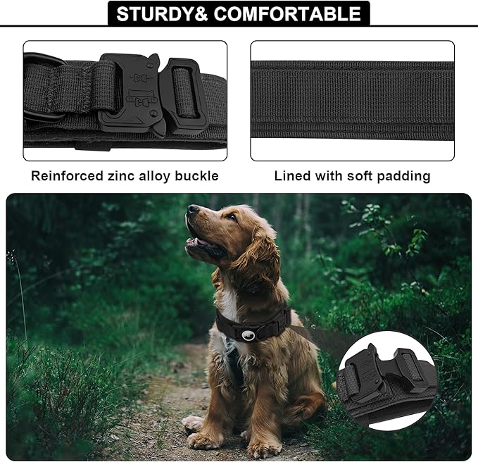 Tactical AirTag Dog Collar Leash Set - Heavy Duty, Adjustable GPS Collar Compatible with Apple AirTag, with Holder &amp; Control Handle for Medium/Large Dogs [ Black, M ]