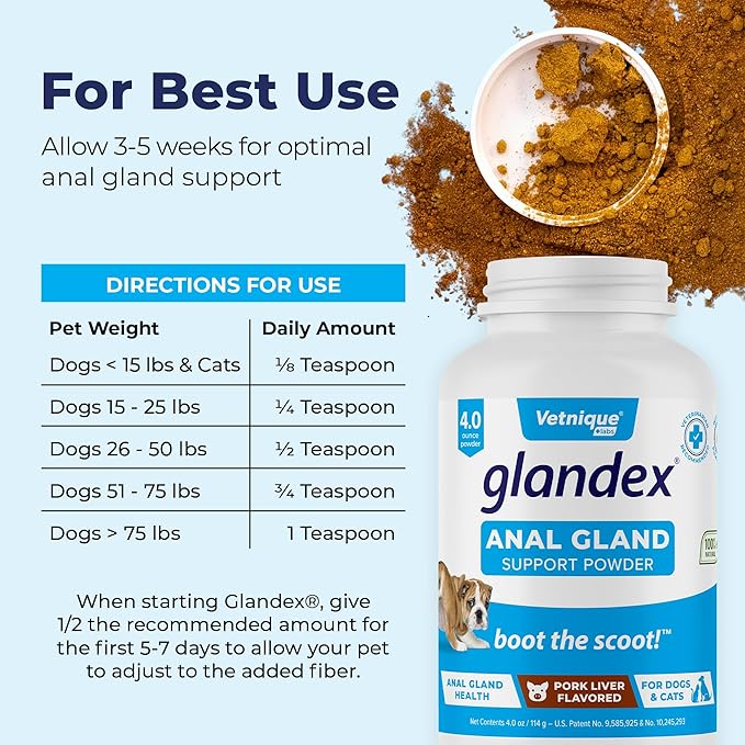 Vetnique Labs Glandex Dog Fiber Supplement Powder for Anal Glands with Pumpkin, Digestive Enzymes &amp; Dog Probiotics for Digestive Health - Vet Recommended - Boot The Scoot (Pork Liver, 4.0oz Powder)