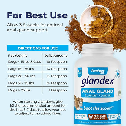 Vetnique Labs Glandex Dog Fiber Supplement Powder for Anal Glands with Pumpkin, Digestive Enzymes &amp; Dog Probiotics for Digestive Health - Vet Recommended - Boot The Scoot (Pork Liver, 4.0oz Powder)