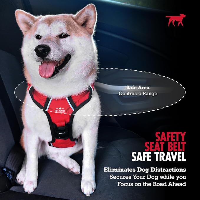Tuff Pupper Dog Seat Belt | Adjustable Length Dog Seatbelt Restraint | Tangle-Free Locking Carabiner | Shock-Absorbing Bungee | Reflective Stitching for Visibility | Universal Fit for Cars &amp; Trucks
