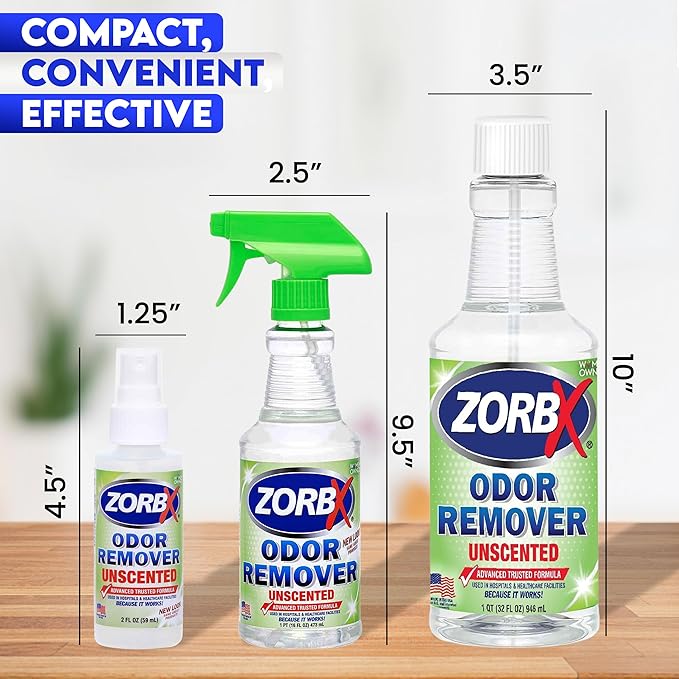 ZORBX Unscented Multipurpose Odor Eliminator Value Pack 2 Oz + 16 Oz + 32 Oz - Used in Hospitals &amp; Healthcare Facilities - Advanced Trusted Formula - Perfect Bundle to Get Rid of Unpleasant Odors