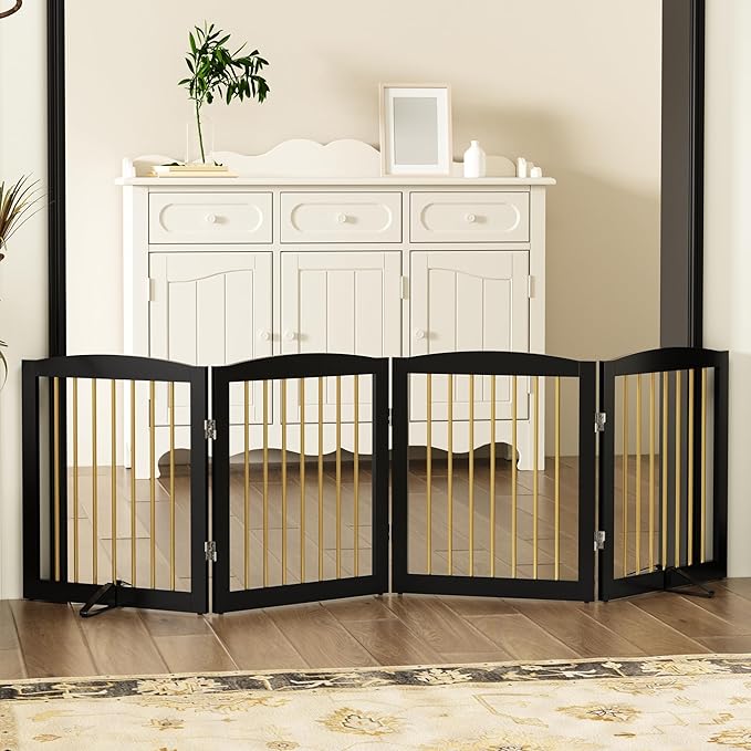 Freestanding Pet Gate for Dogs, Foldable Wooden Dog Gate for House, Indoor Dog Gate for Stairs, Doorways, Step Over Pet Puppy Safety Fence, 80 Inch Wide, 4 Panels 24", Black &amp; Gold