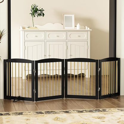 Freestanding Pet Gate for Dogs, Foldable Wooden Dog Gate for House, Indoor Dog Gate for Stairs, Doorways, Step Over Pet Puppy Safety Fence, 80 Inch Wide, 4 Panels 24", Black &amp; Gold