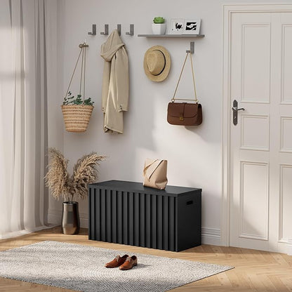 UEV Storage Bench,39.4" Wood Box, Storage Trunk with 2 Safety Hinges, Ottoman Storage Chest, Fluted Storage Bench for Bedroom, Entryway, Living Room(Black)