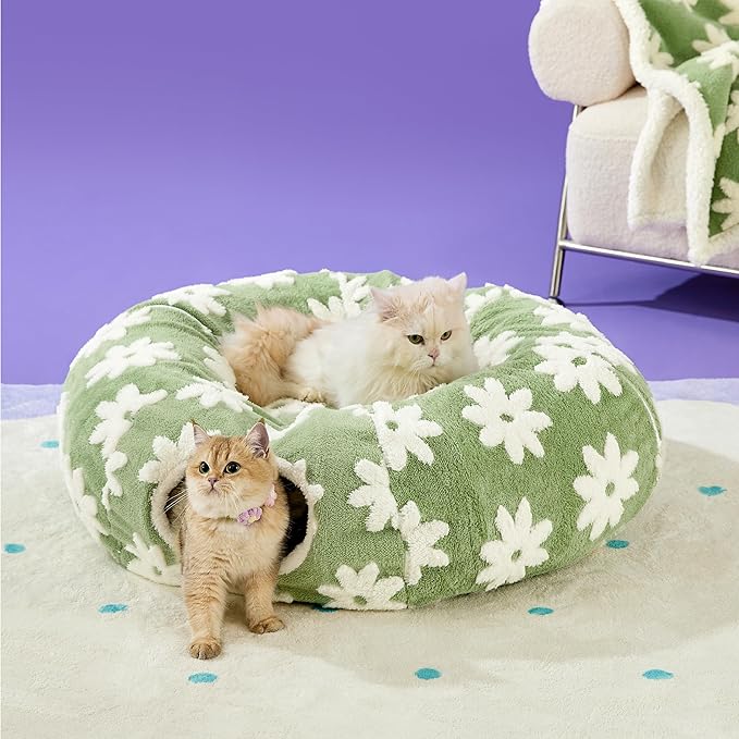 Lesure Cat Tunnel Bed for Indoor Cats - Cute Cat Donut Tunnel Toys for Small Large Cats with Washable Circle Cushion, Round Pet Peekaboo Cave Toy for Kitten/Puppy/Rabbit, Standard Green
