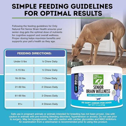 ONLY NATURAL PET Senior Brain Wellness Dog Chews - Small, Medium &amp; Large Breeds, Toothless &amp; Geriatric Dogs, Soft Chicken &amp; Bacon Flavor Snacks, Baked Treats - 60 Count